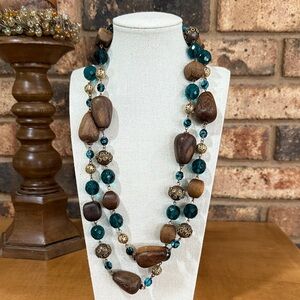 Yochi NY Teal Faceted Glass and Wooden Beaded Designer necklace